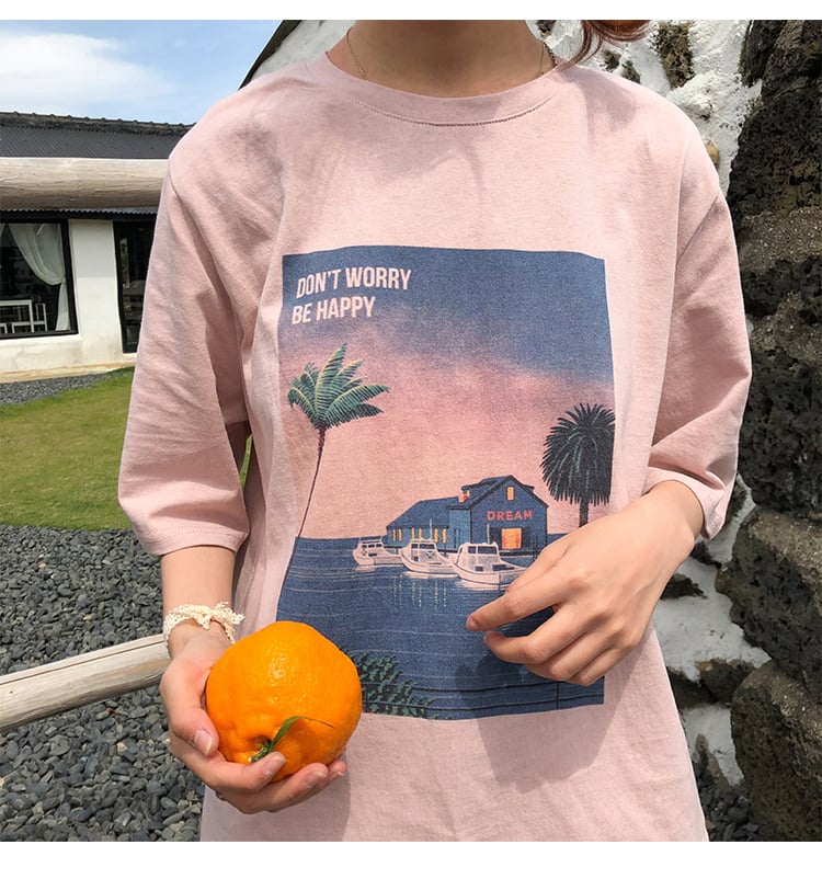 Cute Vintage Pastel Summer Beach Art Print Short Sleeve Tee Shirt T-shirt Top Oversized Loose Causal E-Girl Kawaii Korean Japanese Harajuku Streetwear