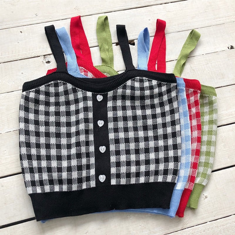 Cute Sexy Sweet Knit Plaid Checkered Botton Cami Crop Top Shirt Tee T-shirt E-Girl Kawaii Korean Japanese Harajuku Chinese Retro Streetwear Aesthetic