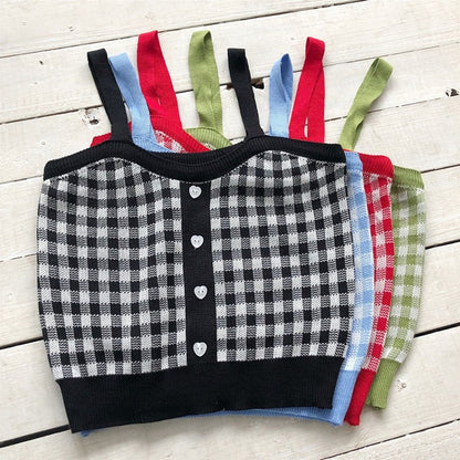 Cute Sexy Sweet Knit Plaid Checkered Botton Cami Crop Top Shirt Tee T-shirt E-Girl Kawaii Korean Japanese Harajuku Chinese Retro Streetwear Aesthetic