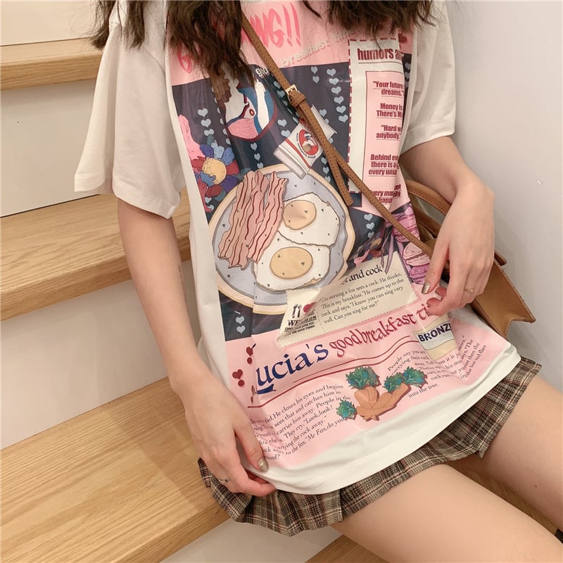 Cute Funny Cartoon Egg Bacon Breakfast Food Graphic Short Sleeve Shirt Tee T-shirt E-Girl Kawaii Korean Japanese Harajuku Chinese Retro Streetwear