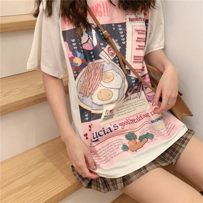 Cute Funny Cartoon Egg Bacon Breakfast Food Graphic Short Sleeve Shirt Tee T-shirt E-Girl Kawaii Korean Japanese Harajuku Chinese Retro Streetwear