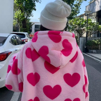 Cute 90s Heart Print Plush Long Sleeve Jacket Hoodie Sweater Coat Aesthetic Casual E-Girl Kawaii Korean Japanese Harajuku