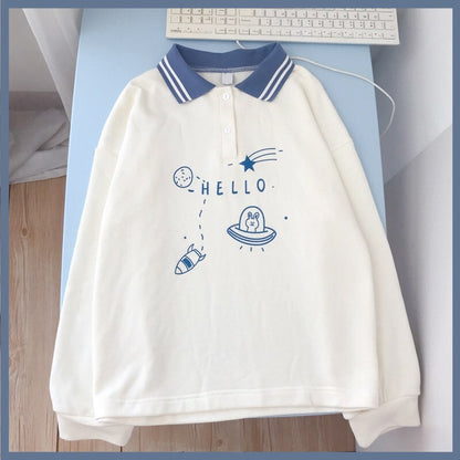 Cute Bunny Rabbit Spaceship Cartoon Print Button Down Long Sleeve Shirt T-shirt Top Summer Casual E-Girl Kawaii Korean Japanese Harajuku Streetwear