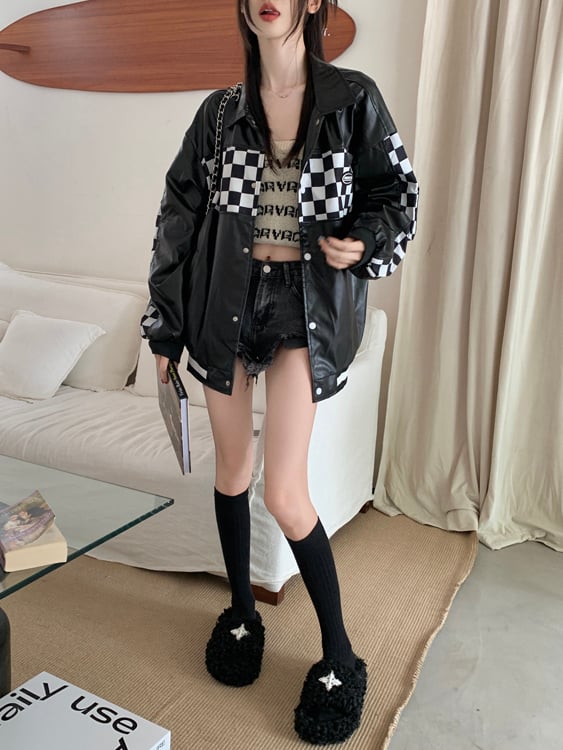 Black PU Leather Checkboard Loose Jacket