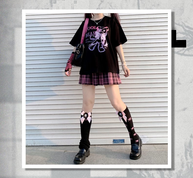Black Bear Bow Cartoon Print Short Sleeve Tee Shirt T-shirt Top Goth Punk Causal Summer E-Girl Kawaii Korean Japanese Harajuku Streetwear