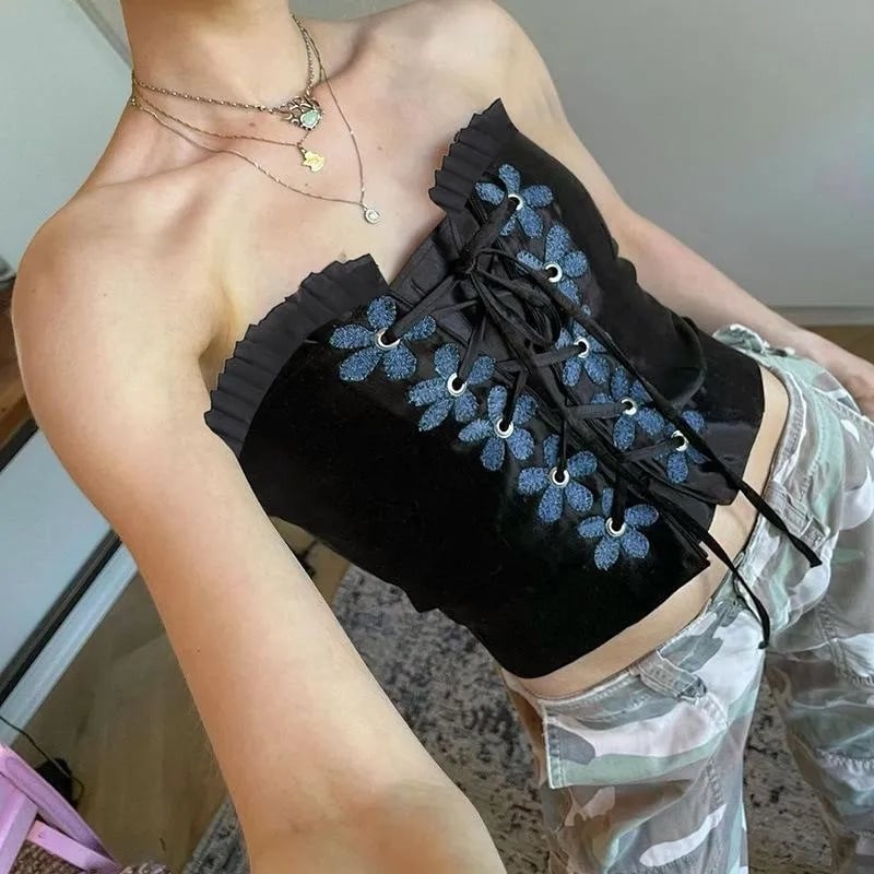 Black Floral Bustier Tube Top