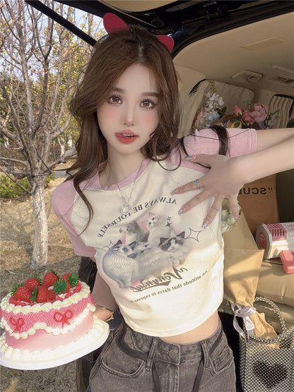 Cat Cartoon Patchwork Print Short Sleeve T-shirt