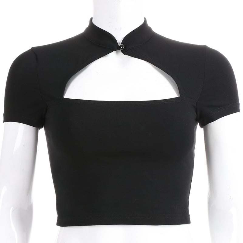 Cute Sexy Casual Black Hallow Out Crop Top Short Sleeve Shirt Tee T-shirt E-Girl Kawaii Korean Japanese Harajuku Chinese Retro Streetwear Aesthetic