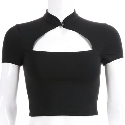 Cute Sexy Casual Black Hallow Out Crop Top Short Sleeve Shirt Tee T-shirt E-Girl Kawaii Korean Japanese Harajuku Chinese Retro Streetwear Aesthetic