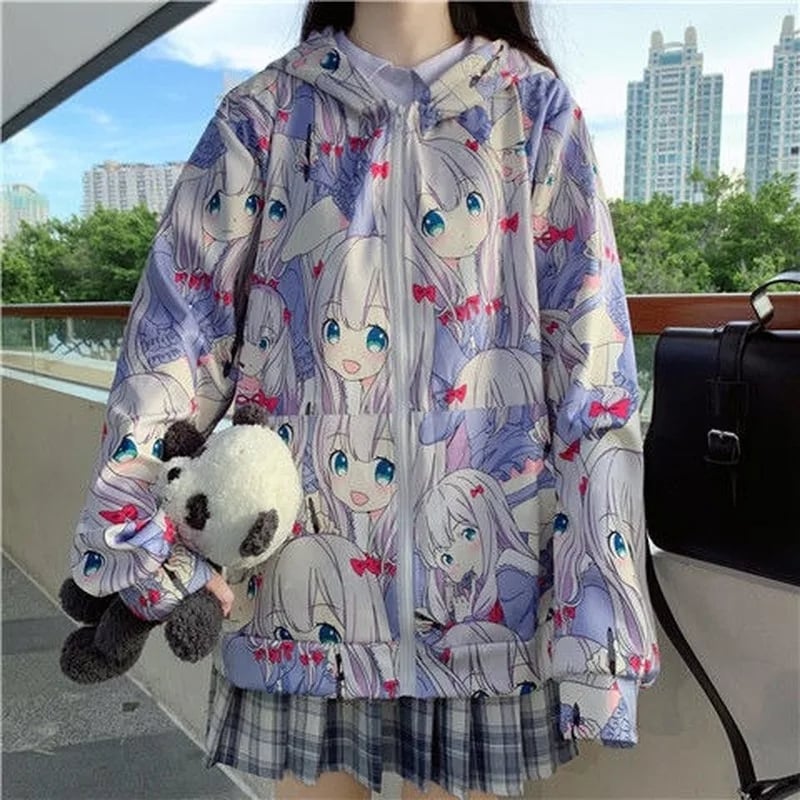 Cute Anime Girl Zip Up Hoodie Jacket Jumper Sweatshirt Long Sleeve Shirt Aesthetic Casual E-Girl Kawaii Korean Japanese Harajuku