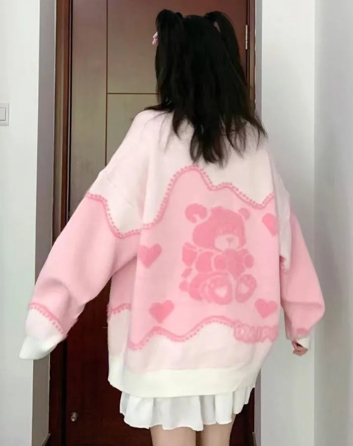 Pink Teddy Bear Print Sweater