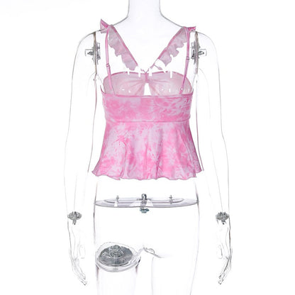Pink Tie Dye V Neck Ruffle Crop Top
