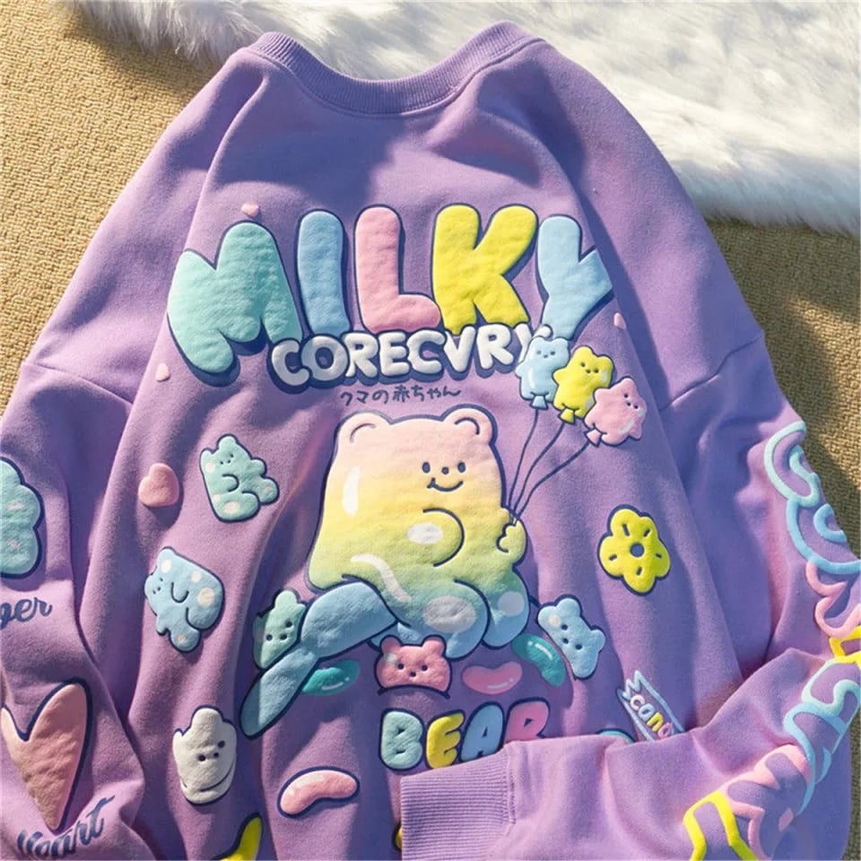 Cute Purple Gummy Bear Print Loose Oversize Sweatshirt Long Sleeve T-shirt Aesthetic Casual Summer E-Girl Kawaii Korean Japanese Harajuku