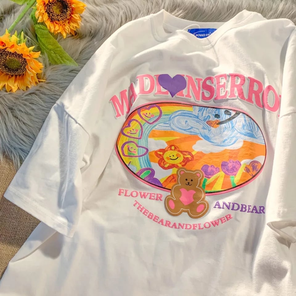 Cute Sweet Graffiti Bear Letter Print Short Sleeve Shirt Top Loose Oversize Aesthetic Casual Summer E-Girl Kawaii Korean Japanese Harajuku