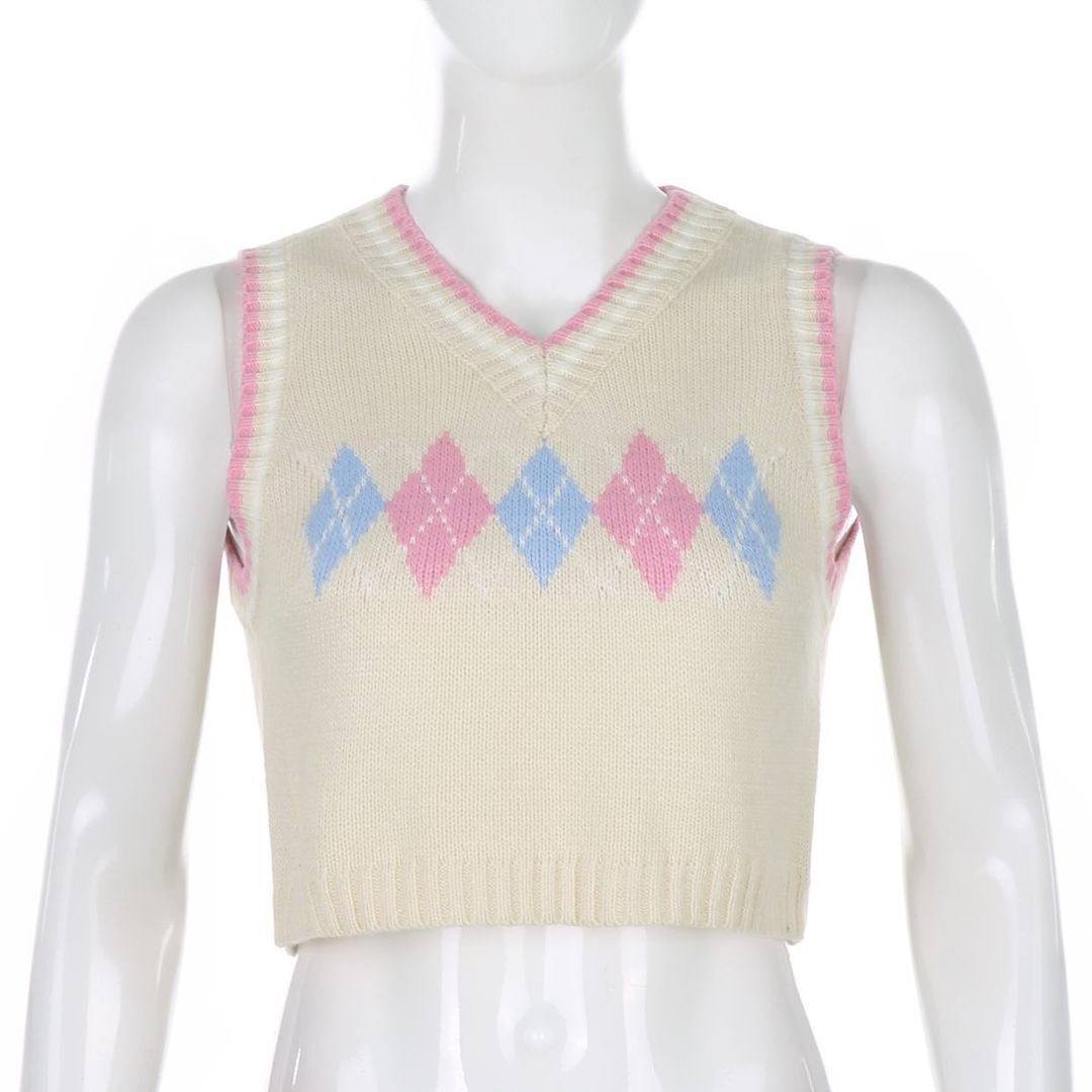 Cute Argyle Plaid Sleeveless V Neck Knit Sweater Sweatshirt Preppy Crop Top Pullover Aesthetic E-Girl Kawaii Korean Japanese Harajuku Streetwear