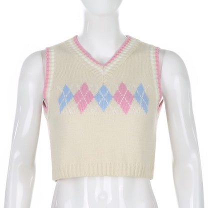 Cute Argyle Plaid Sleeveless V Neck Knit Sweater Sweatshirt Preppy Crop Top Pullover Aesthetic E-Girl Kawaii Korean Japanese Harajuku Streetwear