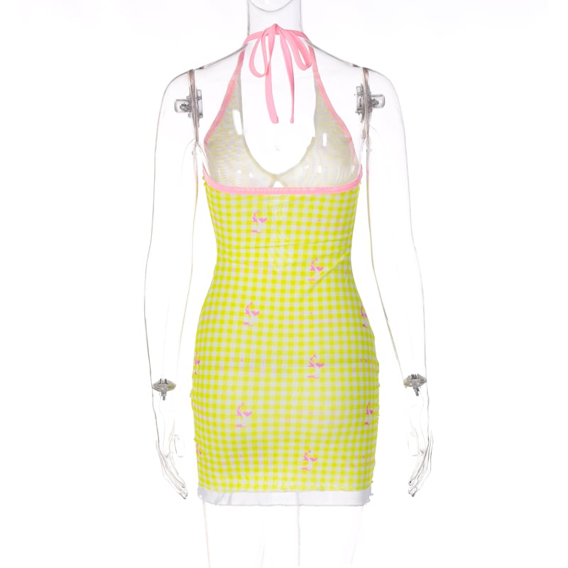 Yellow Plaid V Neck Halter Mini Dress