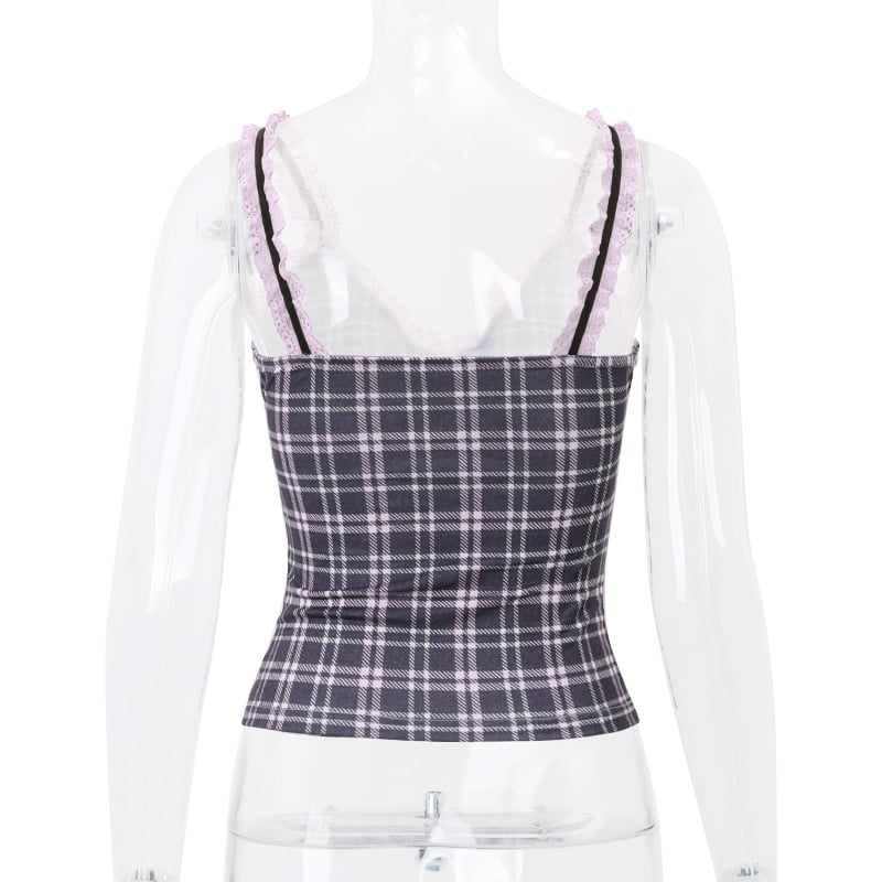 Pink Plaid Lace Patchwork Camisole