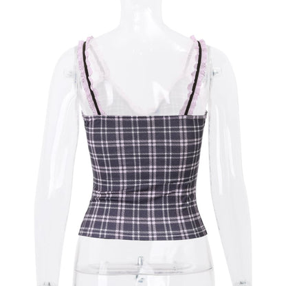 Pink Plaid Lace Patchwork Camisole