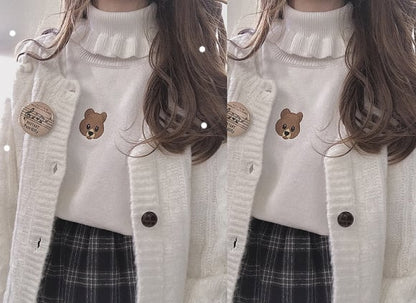 Cute Bear Embroidery Turtleneck Vintage Sweater High Neck Ruffle Pullover Long Sleeve Knit E-Girl Kawaii Korean Japanese Harajuku Streetwear