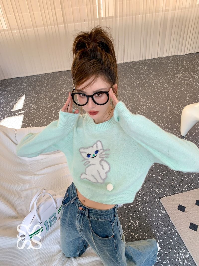 Blue Cat Print Cropped Sweater