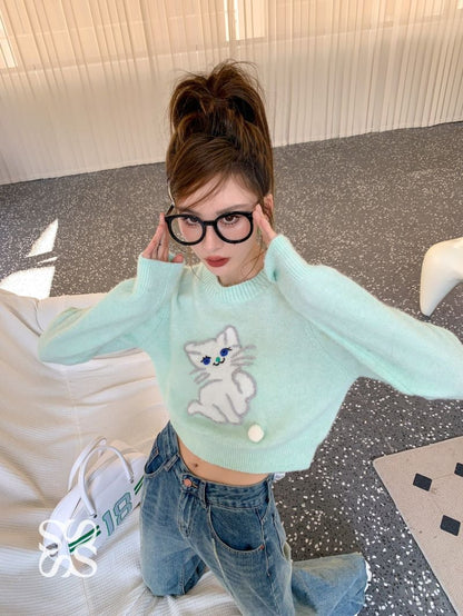 Blue Cat Print Cropped Sweater