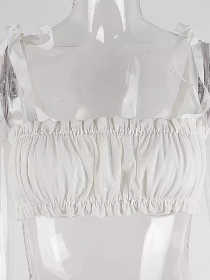 White Pleated Hollow Out Bustier Bandage Bodycon Crop Top Sleeveless Shirt Beach Boho Summer Aesthetic Casual E-Girl Kawaii Korean Japanese Harajuku