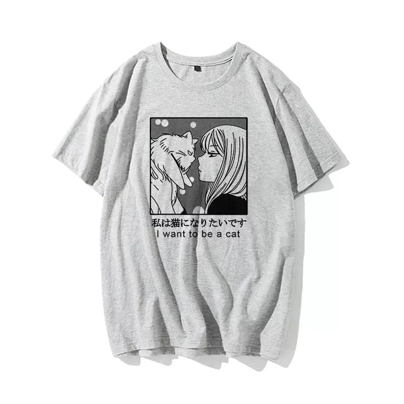 Cute Vintage Sweet Funny Cat Anime Girl Print Loose Short Sleeve Short T-shirt Tee Top Summer Casual E-Girl Kawaii Korean Japanese Harajuku Streetwear