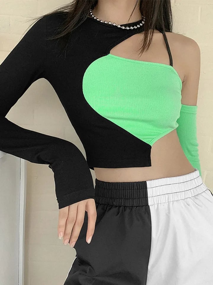 Green & Black Patchwork Hollow Out Long Sleeve Shirt