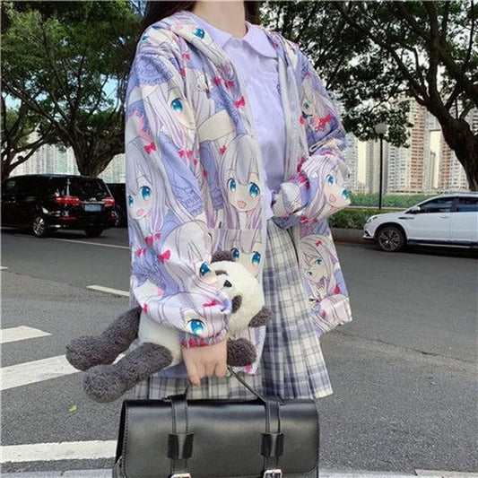 Cute Anime Girl Zip Up Hoodie Jacket Jumper Sweatshirt Long Sleeve Shirt Aesthetic Casual E-Girl Kawaii Korean Japanese Harajuku