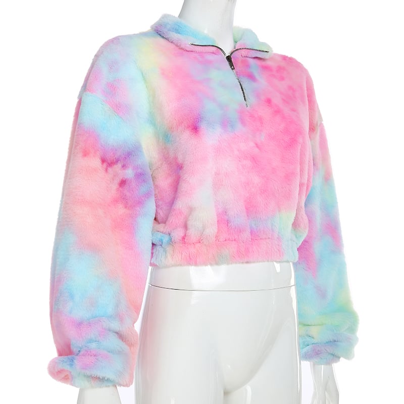 Cute Casual Rainbow Furry Tie Dye Plush Crop Long Sleeve Loose Sweatshirt Pullover E-Girl Kawaii Korean Japanese Harajuku Retro Streetwear Aesthetic