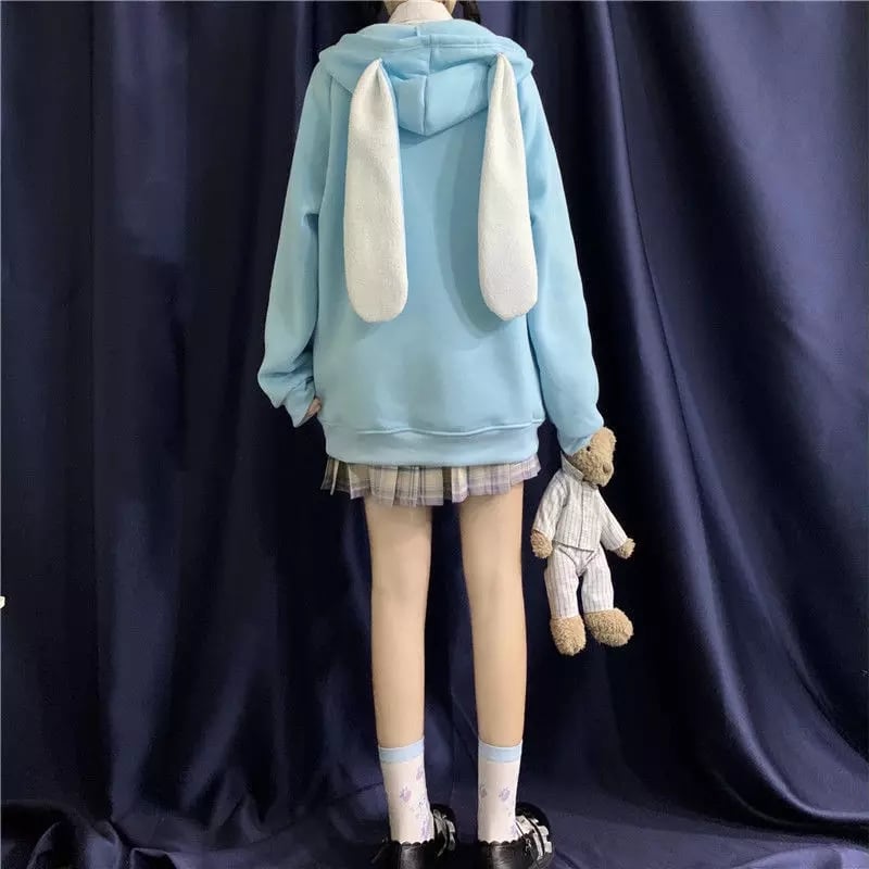 Cute Rabbit Ears Embroidery Loose Long Sleeve Sweatshirt Zip Up Hoodie Aesthetic Casual E-Girl Kawaii Korean Japanese Harajuku