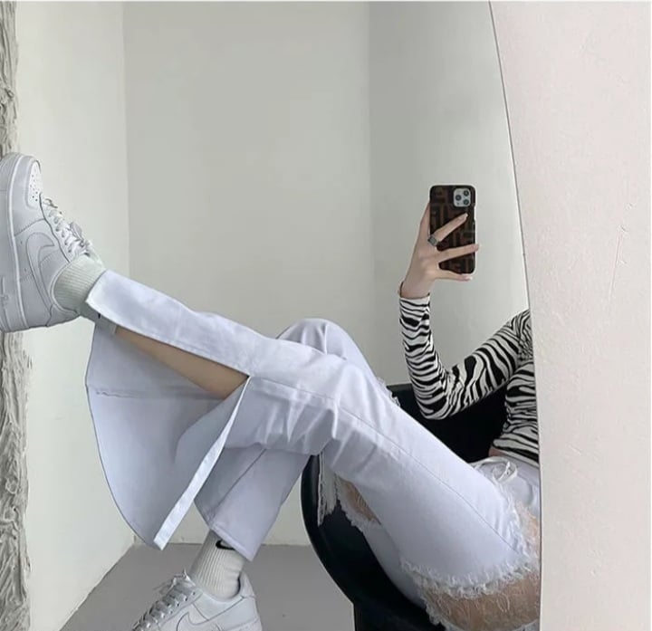 Cute White Lace Hollow Out Side Split High Waist Flare Denim Jeans Pants Trousers Summer Aesthetic Casual E-Girl Kawaii Korean Japanese Harajuku