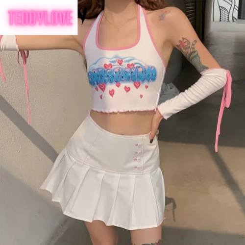 Cute Sweet White Heart Button Pleated Zipper Patchwork High Waisted Mini Skirt Bottoms Aesthetic Casual Summer E-Girl Kawaii Korean Japanese Harajuku