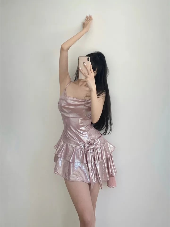 Pink Sequin Ruffle Asymmetrical Mini Dress