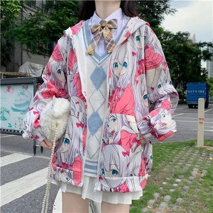 Cute Anime Girl Zip Up Hoodie Jacket Jumper Sweatshirt Long Sleeve Shirt Aesthetic Casual E-Girl Kawaii Korean Japanese Harajuku