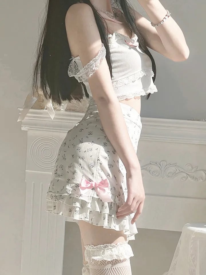 Pink Floral Bow Print Ruffle Mini Skirt