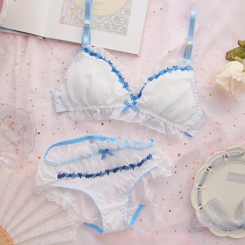Sweet Fairy Blue Lace Bra + Panty Set Underwear Lingerie Summer Aesthetic Casual E-Girl Kawaii Korean Japanese Harajuku
