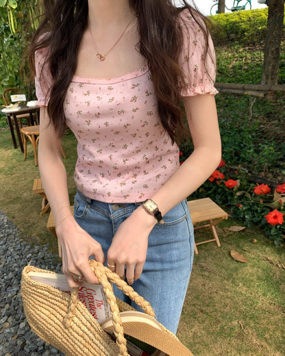 Pink Floral Puff Sleeve Square Collar Top