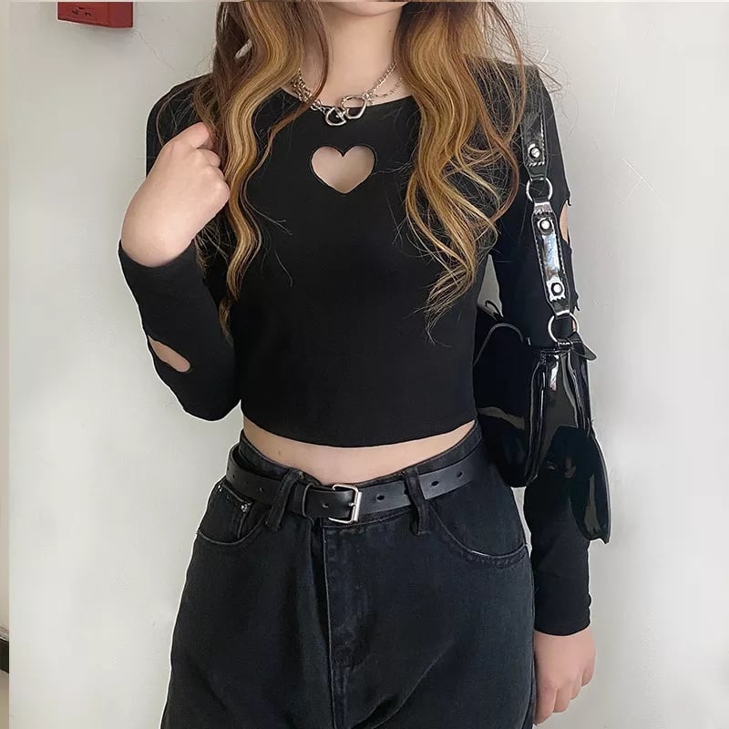 Black Heart Hollow Out Long Sleeve Shirt