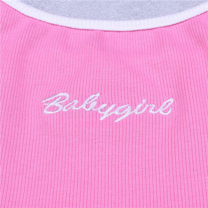 Sexy Pink Babygirl Letter Embroidery Spaghetti Strap Patchwork Crop Top Summer T-shirt E-Girl Kawaii Korean Japanese Harajuku Retro Streetwear Fashion