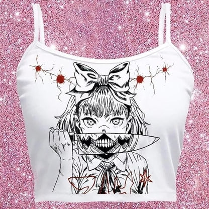 Cute White Killer Knife Anime Girl Cartoon Print Crop Top Camisole Sleeveless Shirt Punk Goth Aesthetic Casual E-Girl Kawaii Korean Japanese Harajuku
