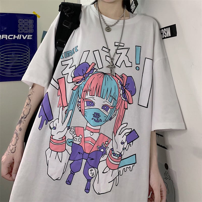 Cute Japanese Girl Punk Goth Print Oversized Short Sleeve Shirt Tee T-shirt E-Girl Kawaii Korean Japanese Harajuku Retro Streetwear Aesthetic