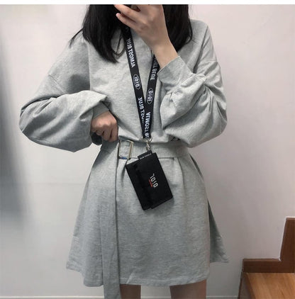 Cute Solid Color Long Sleeve T-shirt Shirt Dress With Belt Loose Oversized Woman Spring Autumn E-Girl Kawaii Korean Japanese Harajuku Retro Streetwear