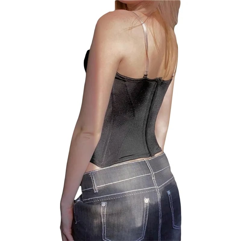 Black with Pink Ribbon Lace Up Bandage Corset Top