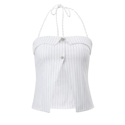 Stripe Halter Button Tank Top