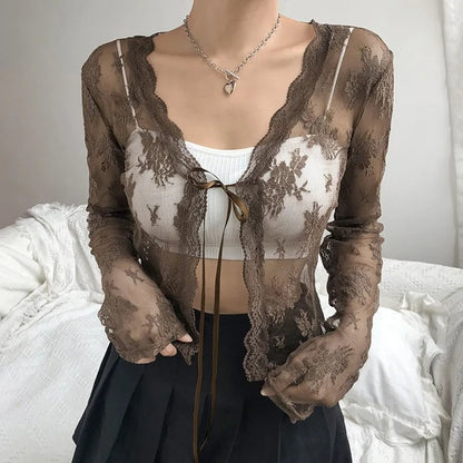 Brown Lace Mesh Tie Up Cardigan