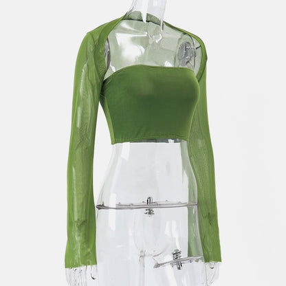 Green Mesh Flare Shawl + Tude Top