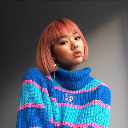 Blue Patchwork Turtleneck Sweater