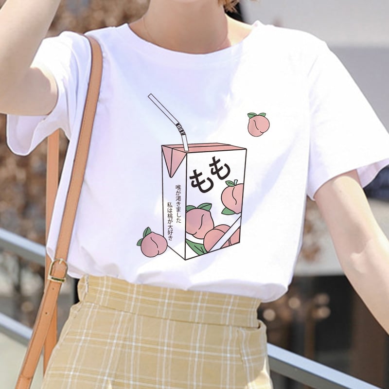 Cute Pink Peach Juice Drink Pastel Short Sleeve Shirt T-shirt Tee Top Kawaii Korean Japanese Harajuku Chinese Retro Streetwear Aesthetic Fashion